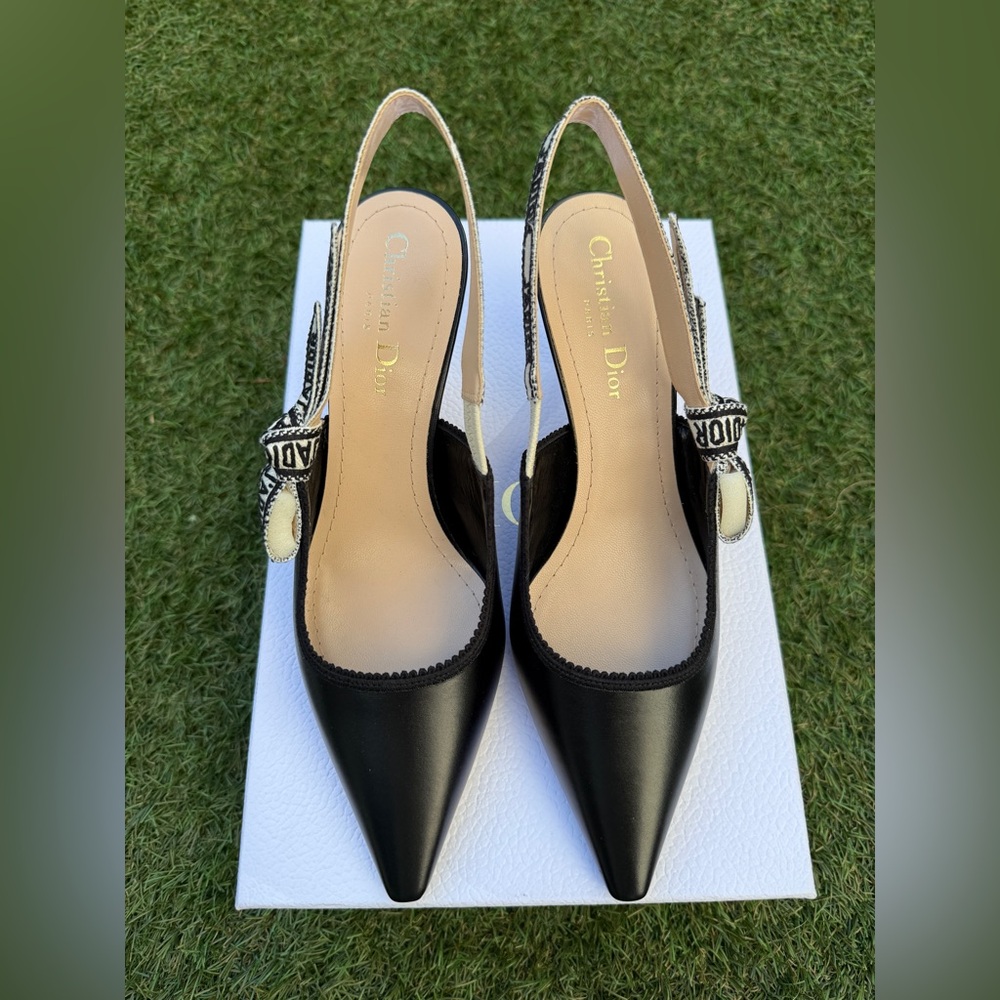 CHRISTIAN DIOR J'ADIOR BLACK CALFSKIN LEATHER SHOES SLINGBACKS KITTEN HEELS 37.5 - Picture 3 of 15